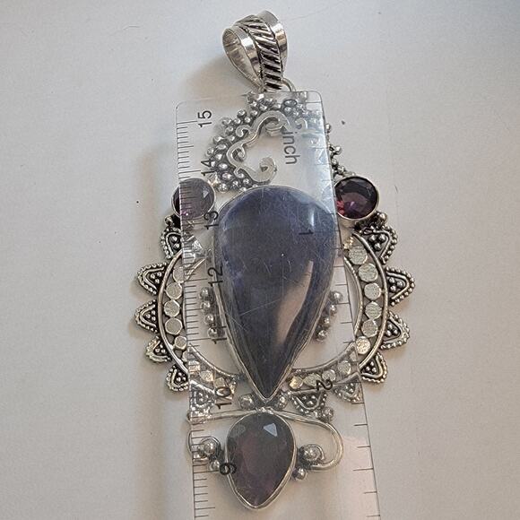 Necklace Pendants Iolite & Amethyst Handmade Jewelry in Sterling Silver Design - Picture 3 of 10